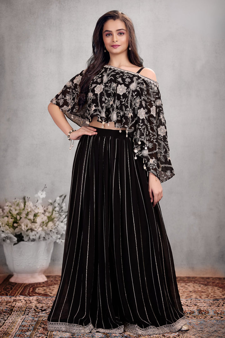 Black Sequins, Thread and Beads work Kaftan Styled Palazzo Set For Girls