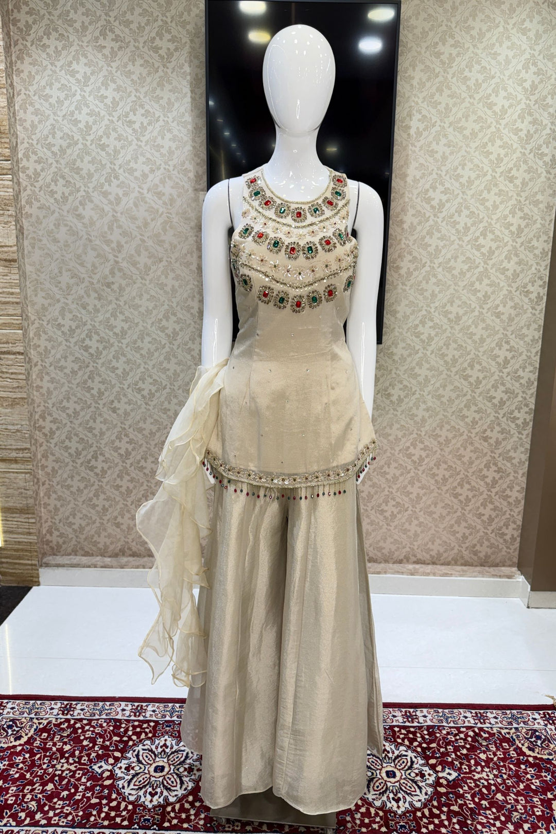 Silver Grey Palazzo Salwar Suit with Beads, Sequins and Stone Detailing
