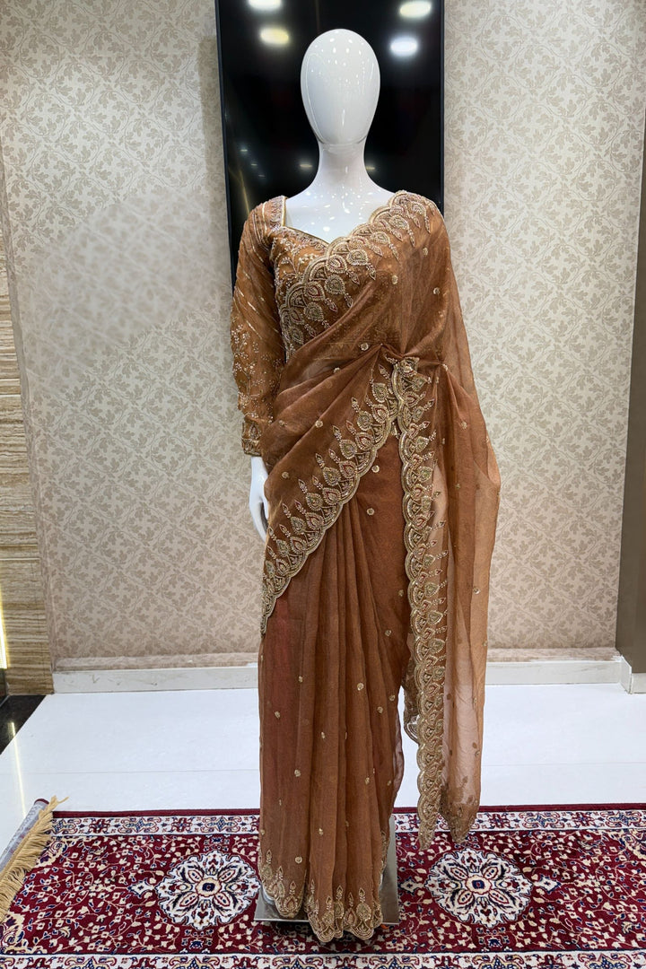 Mustard Pearls, Beads and Multicolor Thread work with Self Print Saree