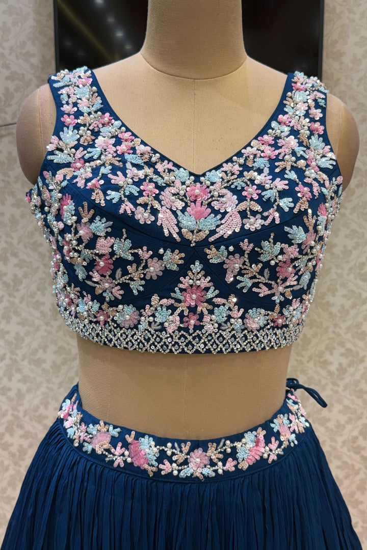 Teal Blue Sequins, Stone and Pearl work Indo-Western Styled Crop Top Lehenga  with Overcoat