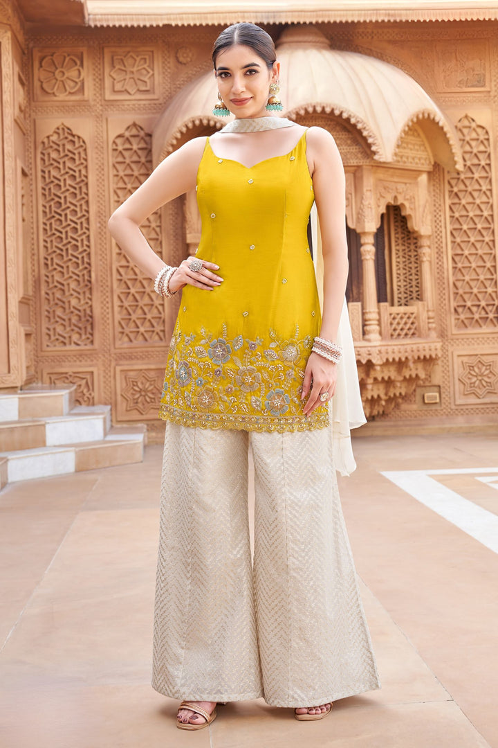 Yellow with Cream Jacquard, Pearl, Multicolor Thread and Zari work Palazzo Salwar Suit