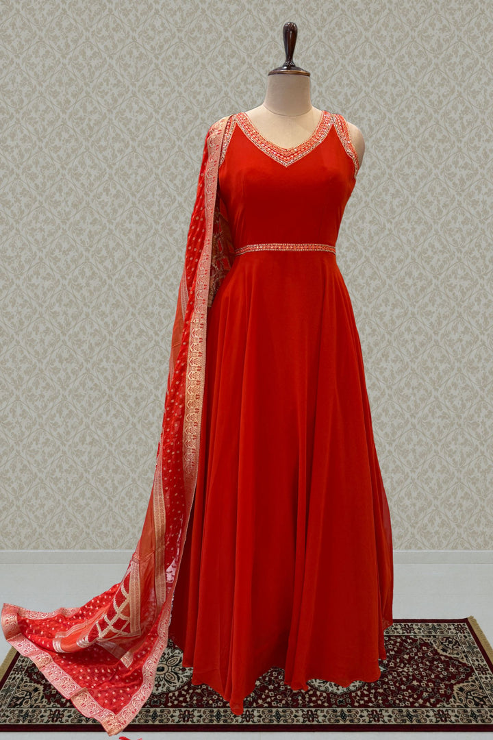 Orange Beads and Sequins work Anarkali Gown with Traditional Banaras work Dupatta