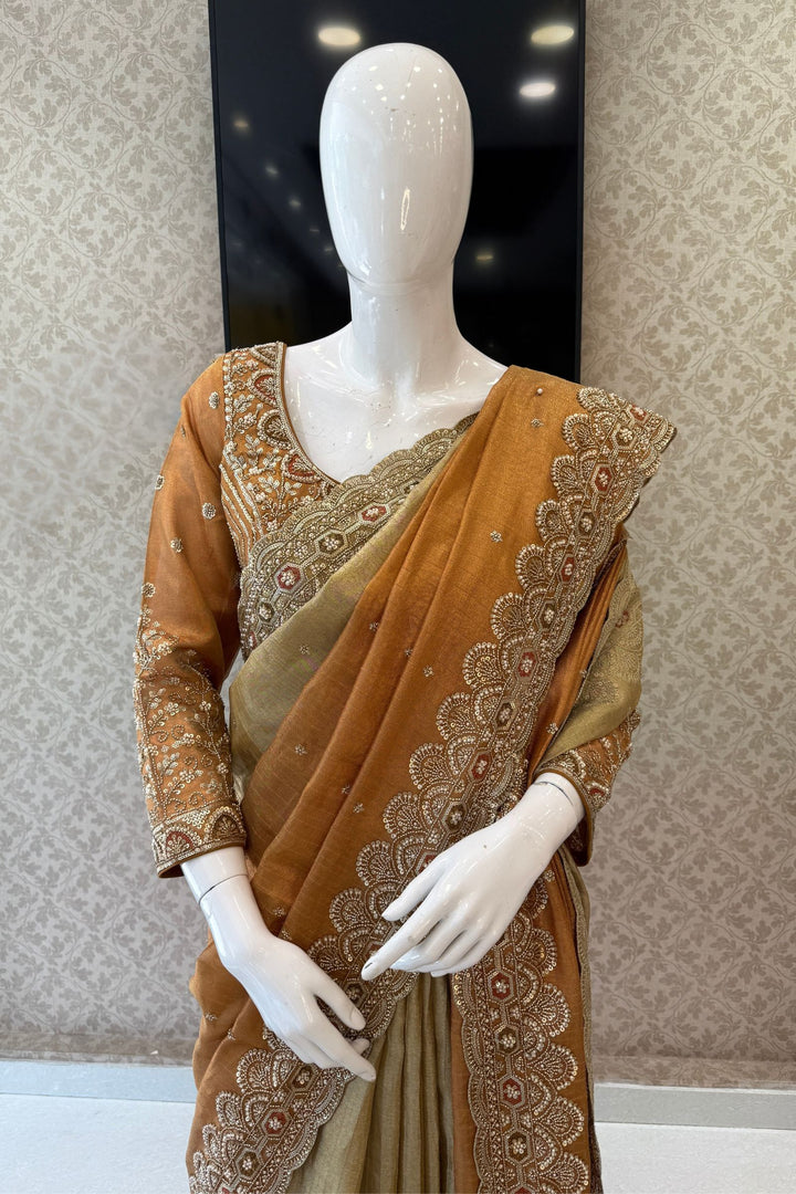 Copper Gold Beads, Sequins and Pearl work Saree