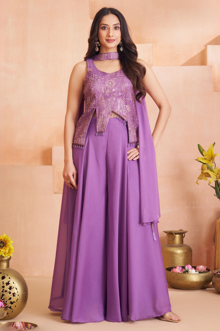 Lavender Stone, Beads and Banaras work Palazzo Suit Set
