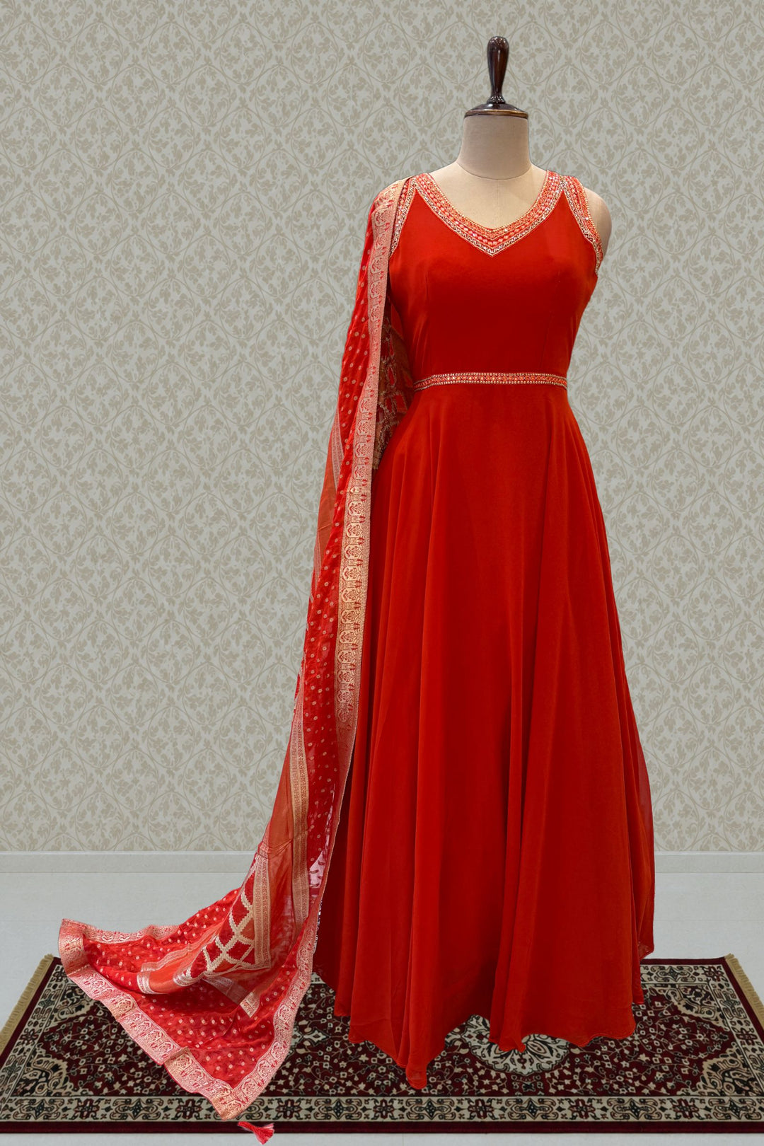 Orange Beads and Sequins work Anarkali Gown with Traditional Banaras work Dupatta