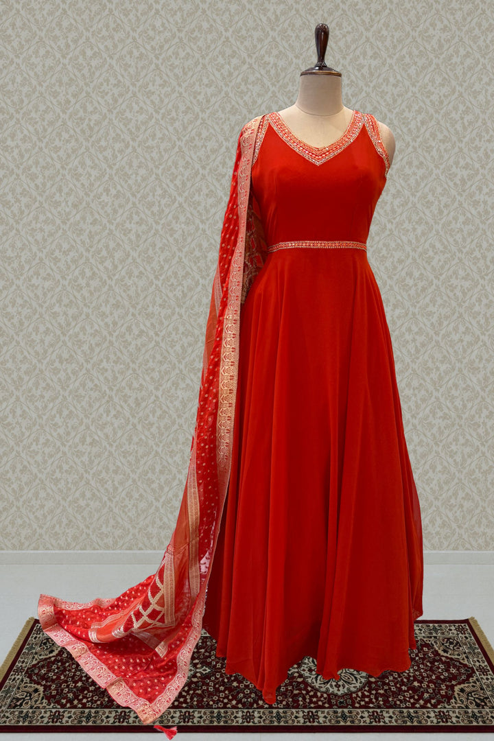 Orange Beads and Sequins work Anarkali Gown with Traditional Banaras work Dupatta