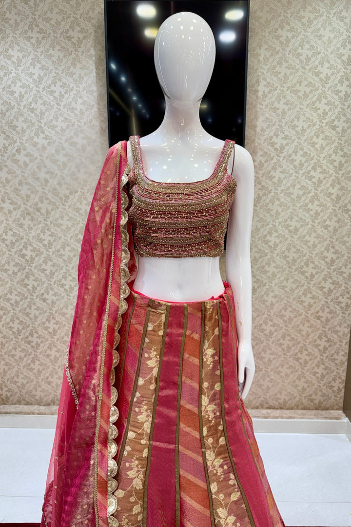 Pink Brocade, Beads, Sequins, Zardozi, Zari and Stone work with Multicolor Lehenga Set