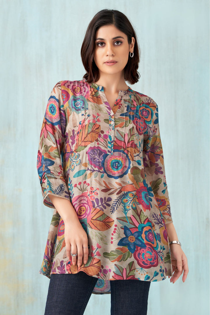 Beige Multicolor Digital Print Short Kurti