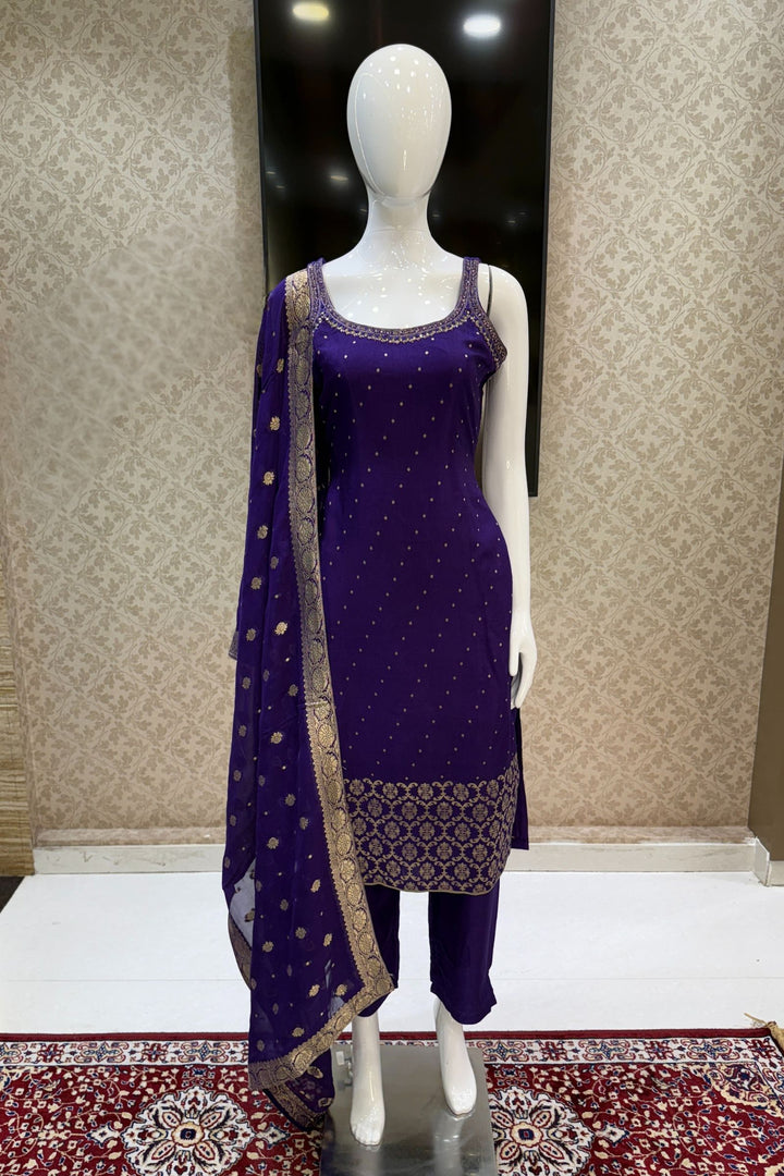 Purple Mirror, Stone, Zari and Banaras work Straight Cut Salwar Suit