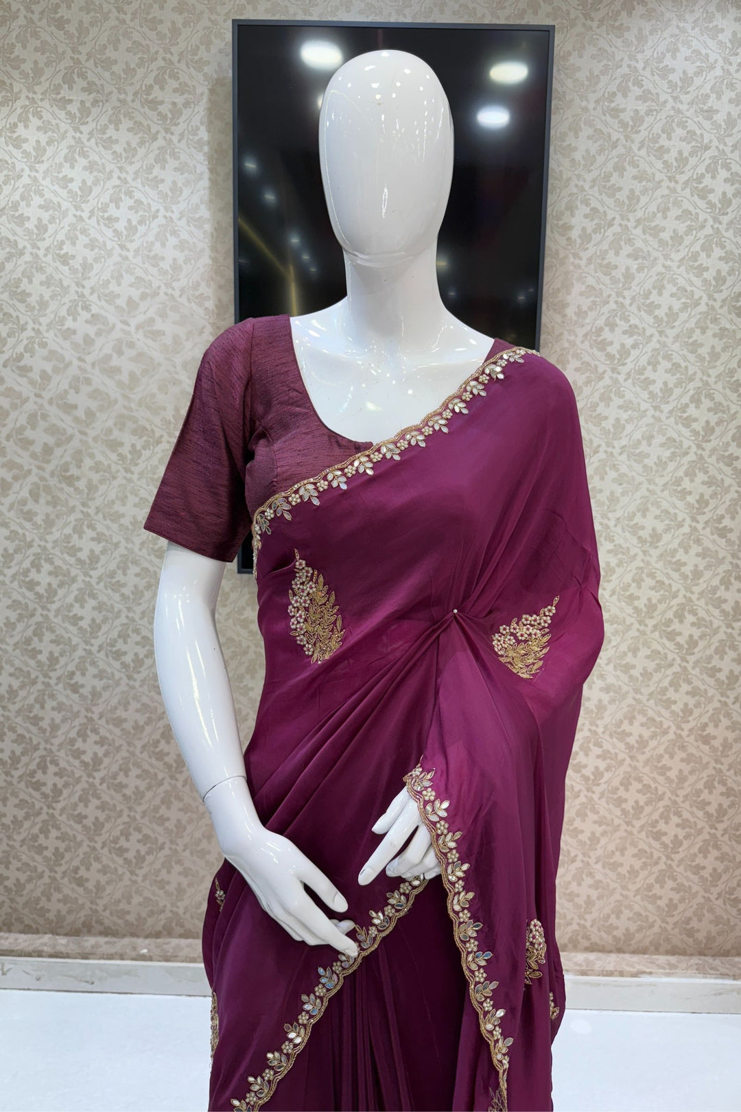 Wine Mirror, Pearl, Zardozi, Stone and Beads work Saree