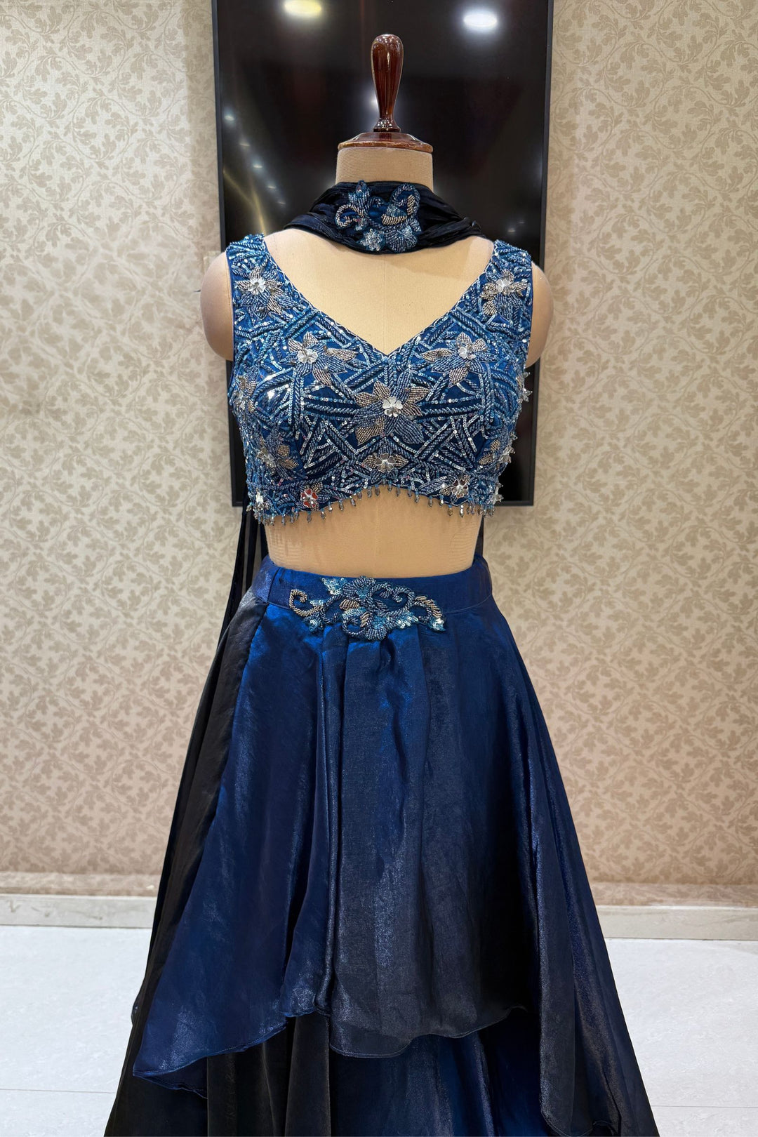 Peacock Blue Mirror, Beads and Sequins work Crop Top Lehenga