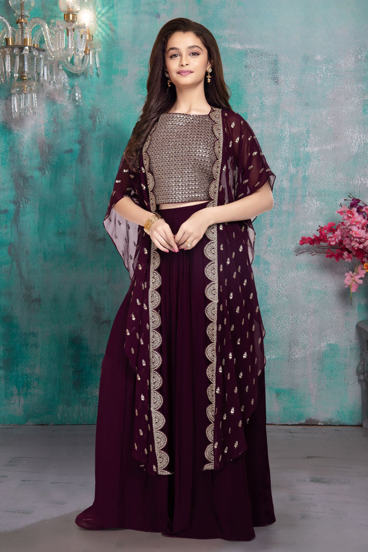 Wine Sequins and Zari Thread work Overcoat Styled Palazzo Set for Girls