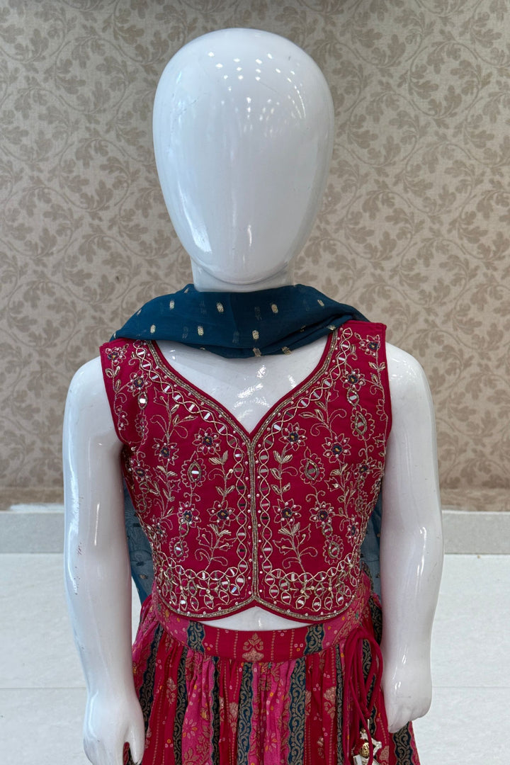 Rani Pink Mirror, Zardozi, Zari, Beads and Banaras work Lehenga Choli for Girls