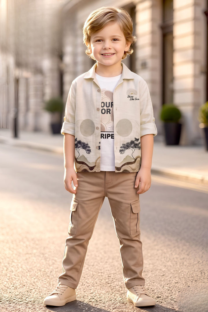 Fawn with Light Brown Blazer, Printed T-Shirt and Pant Set for Boys