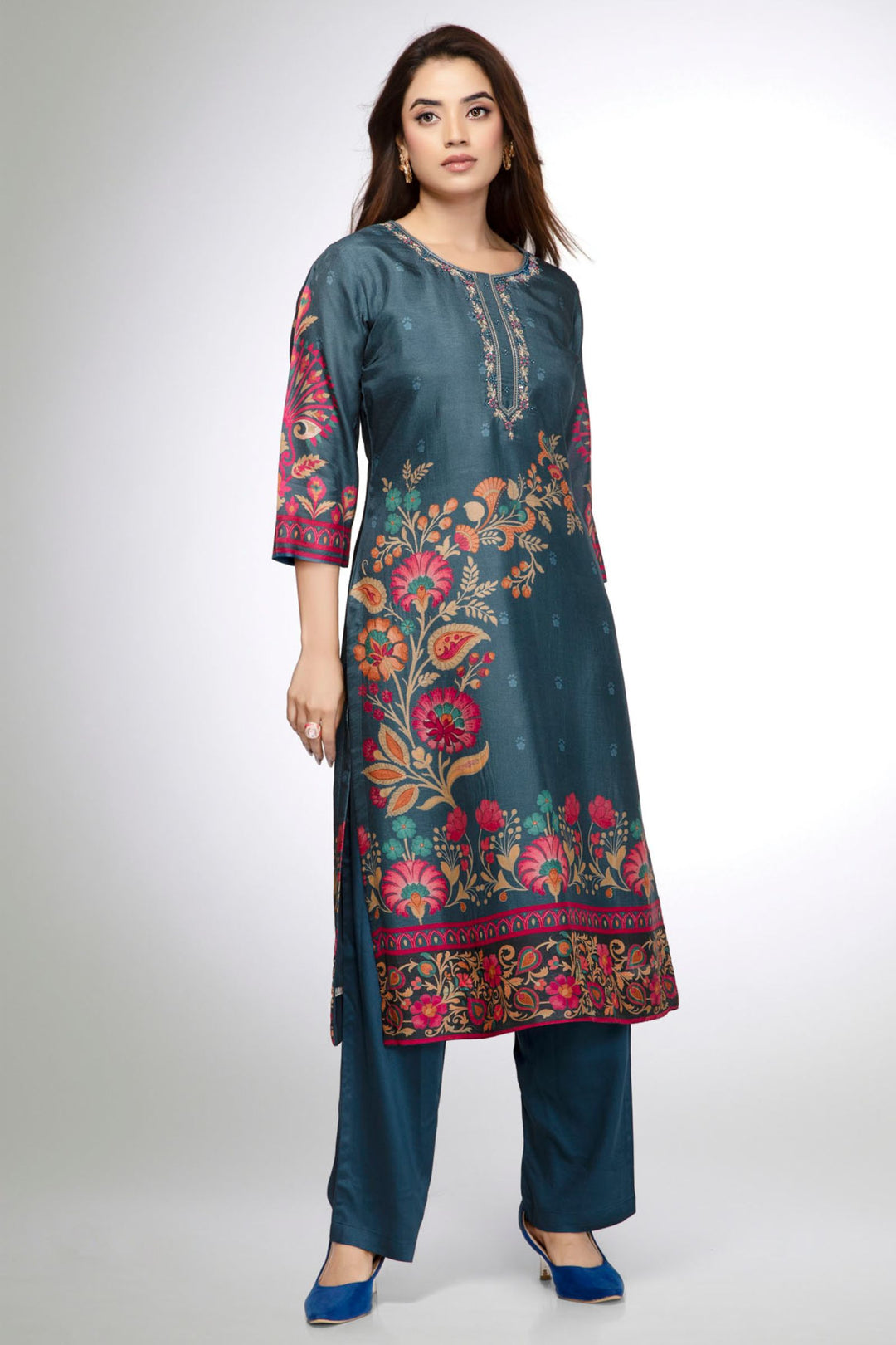 Teal Blue Beads and Mirror work with Floral Print Calf Length Kurti