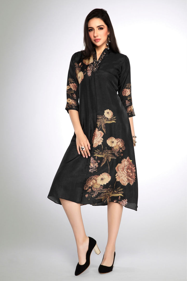 Black Zardozi, Beads and Stone work with Floral Print A-line Cut Calf Length Kurti