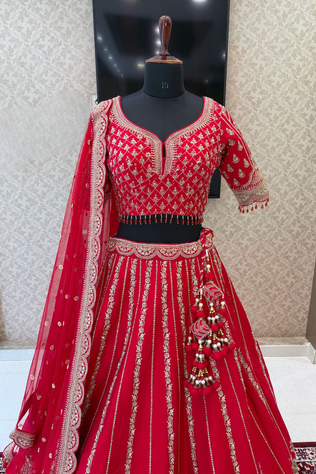 Red Zardozi, Sequins, Beads, Pearl, Thread and Zari work Crop Top Designer Bridal Lehenga