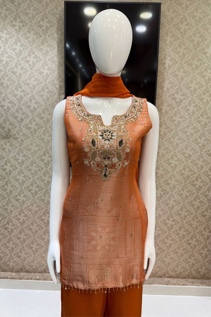Orange Zardozi, Stone, Sequins, Beads and Thread work Palazzo Salwar Suit