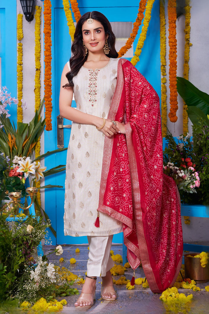 Cream Beads, Thread and Banaras work Straight Cut Salwar Suit with Bandini Print Dupatta