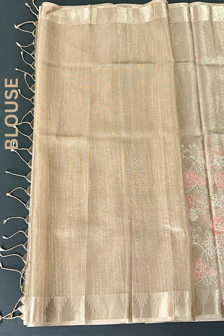 Golden Tissue Saree with Floral Embroidery work