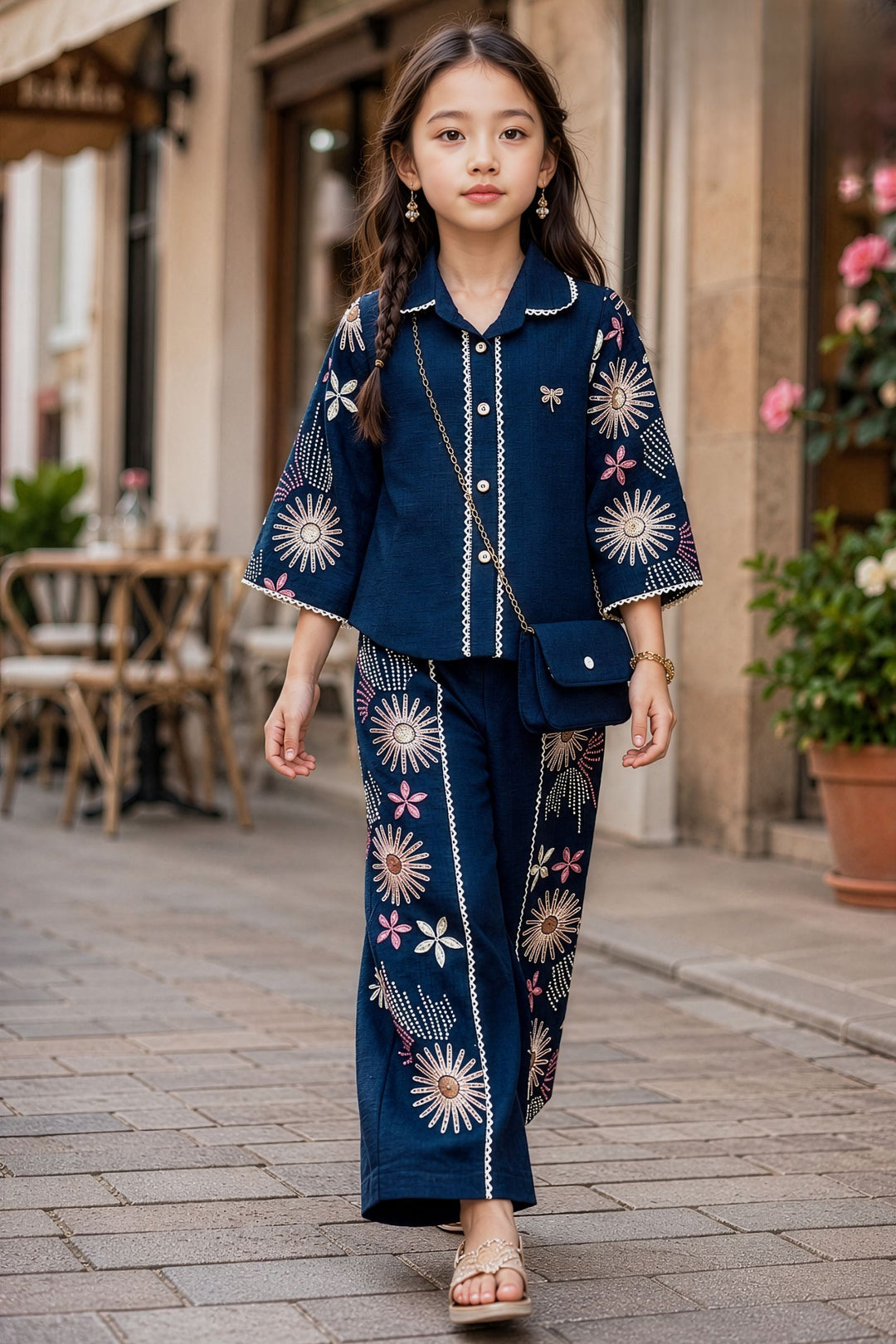 Teal Blue Embroidery and Sequins work  Co-ord Set for Girls with Bag