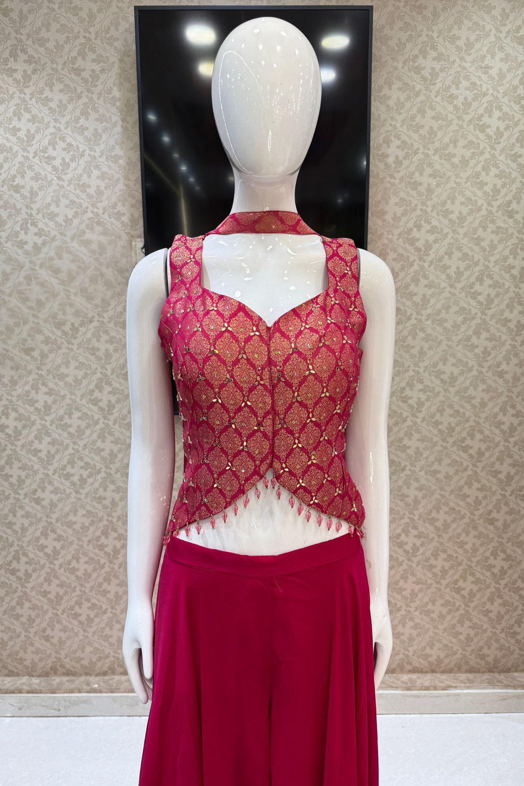 Rani Pink Mirror, Stone and Banaras work Palazzo Suit Set