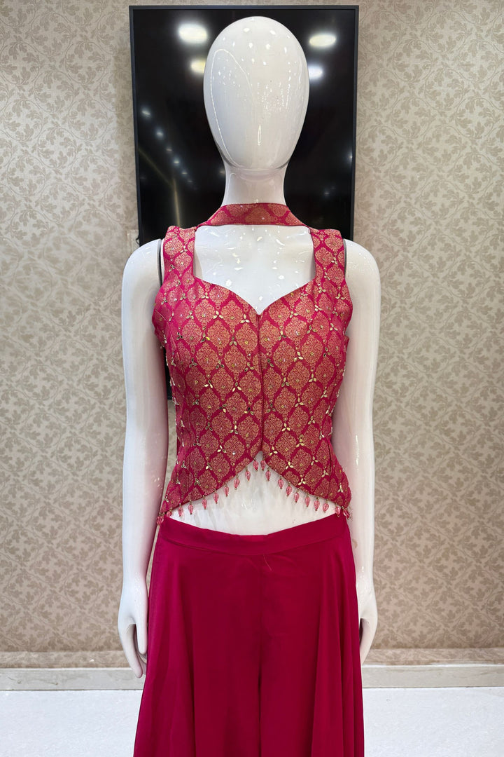 Rani Pink Mirror, Stone and Banaras work Palazzo Suit Set