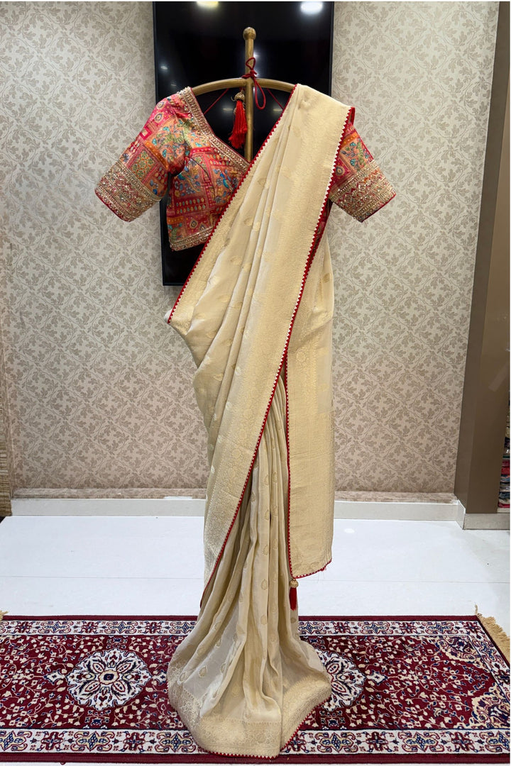 Cream Banaras work Saree with Beads, Zari and Sequins work Readymade Blouse