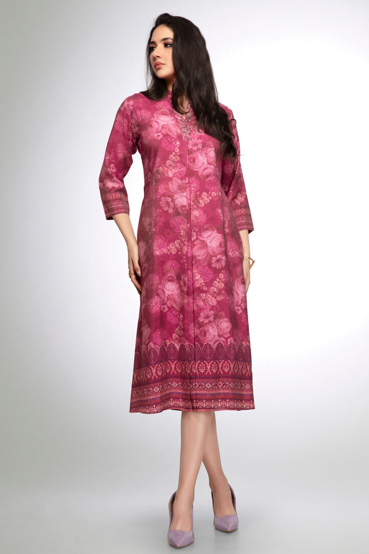 Magenta Beads, Sequins and Zardozi work with Digital Print A-Line Cut Calf Length Kurti