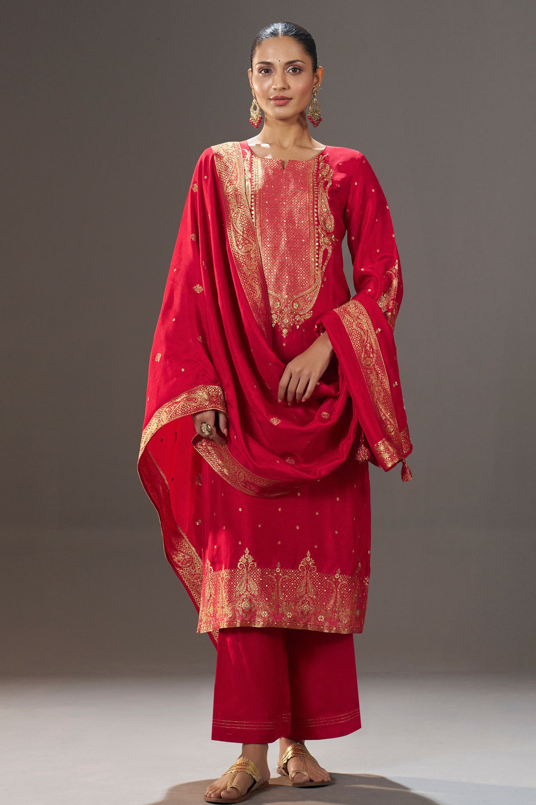 Red Banaras and Beads work Straight Cut Salwar Suit
