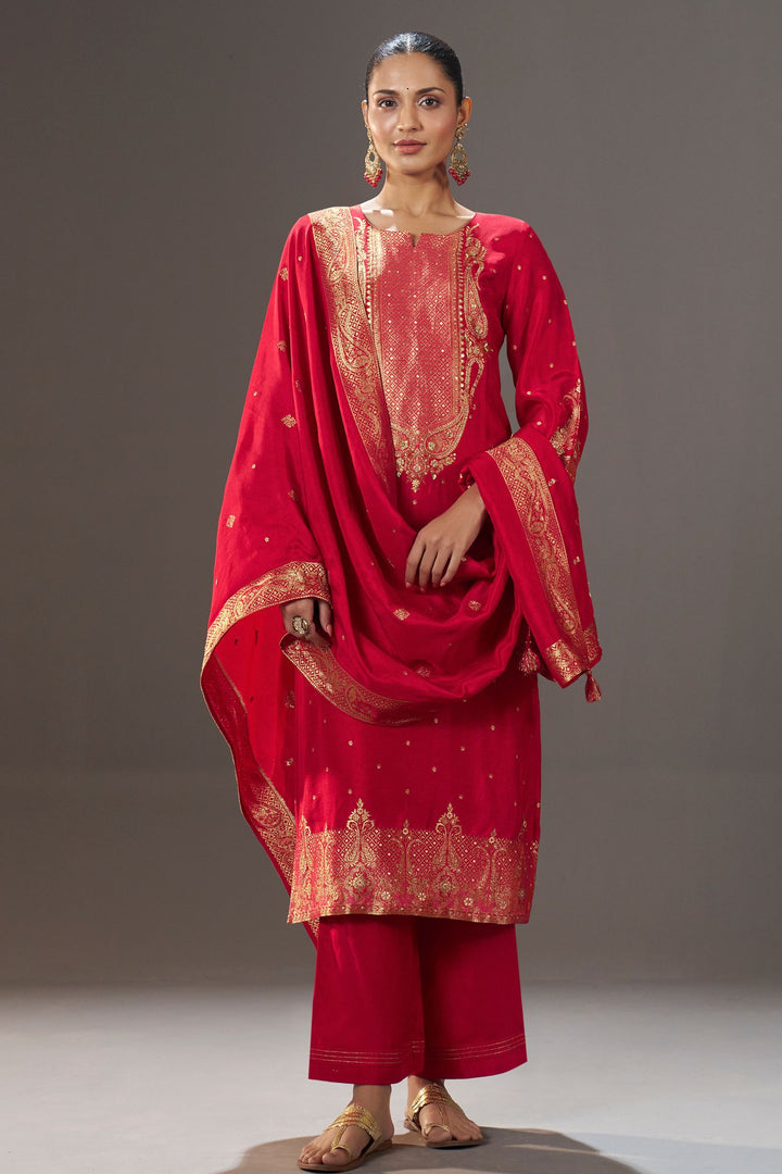 Red Banaras and Beads work Straight Cut Salwar Suit