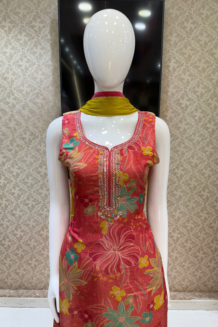 Pinkish Red Zardozi, Beads, Sequins and Stone work with Floral Print Straight Cut Salwar Suit