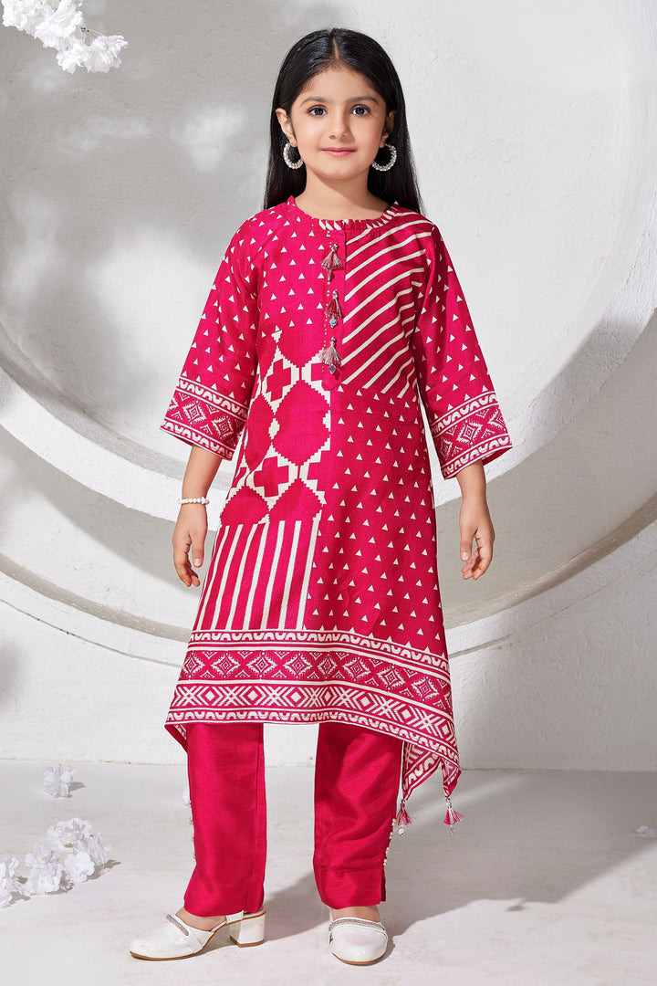 Rani Pink Digital Print A-Line Cut Salwar Suit for Girls
