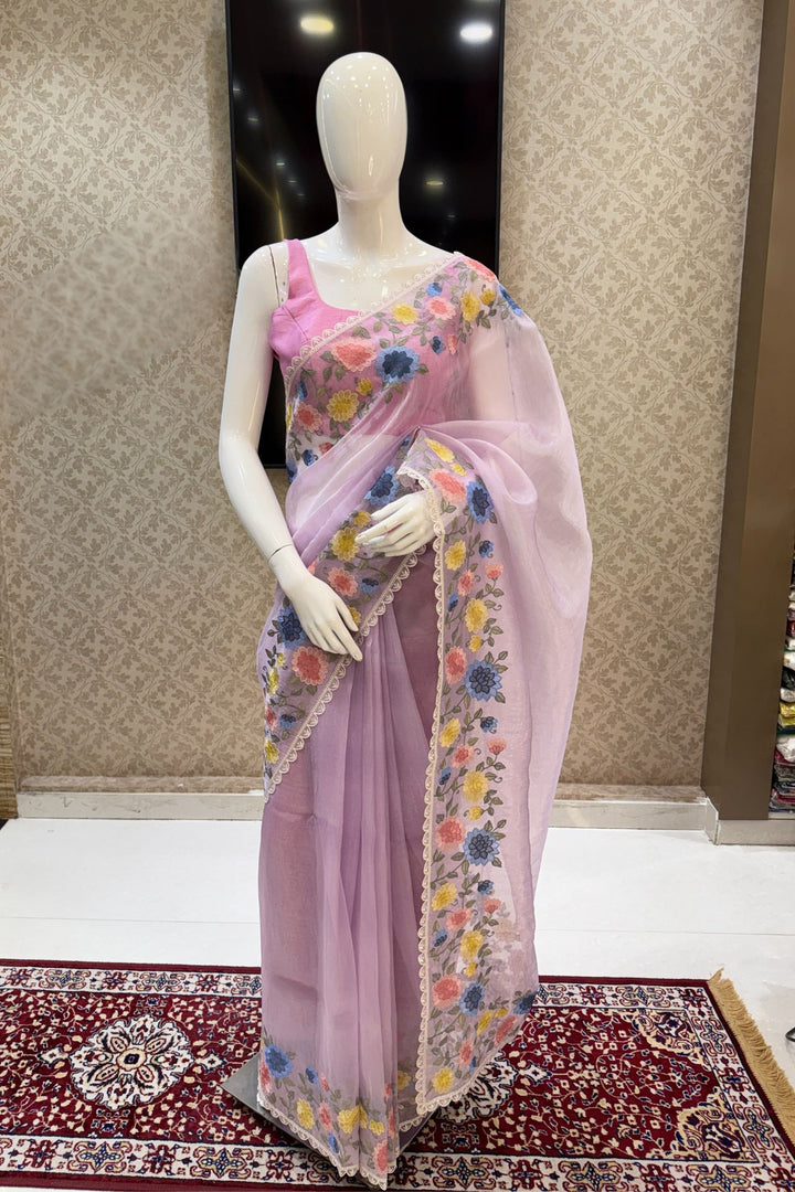 Lilac Multicolor Embroidery work Saree