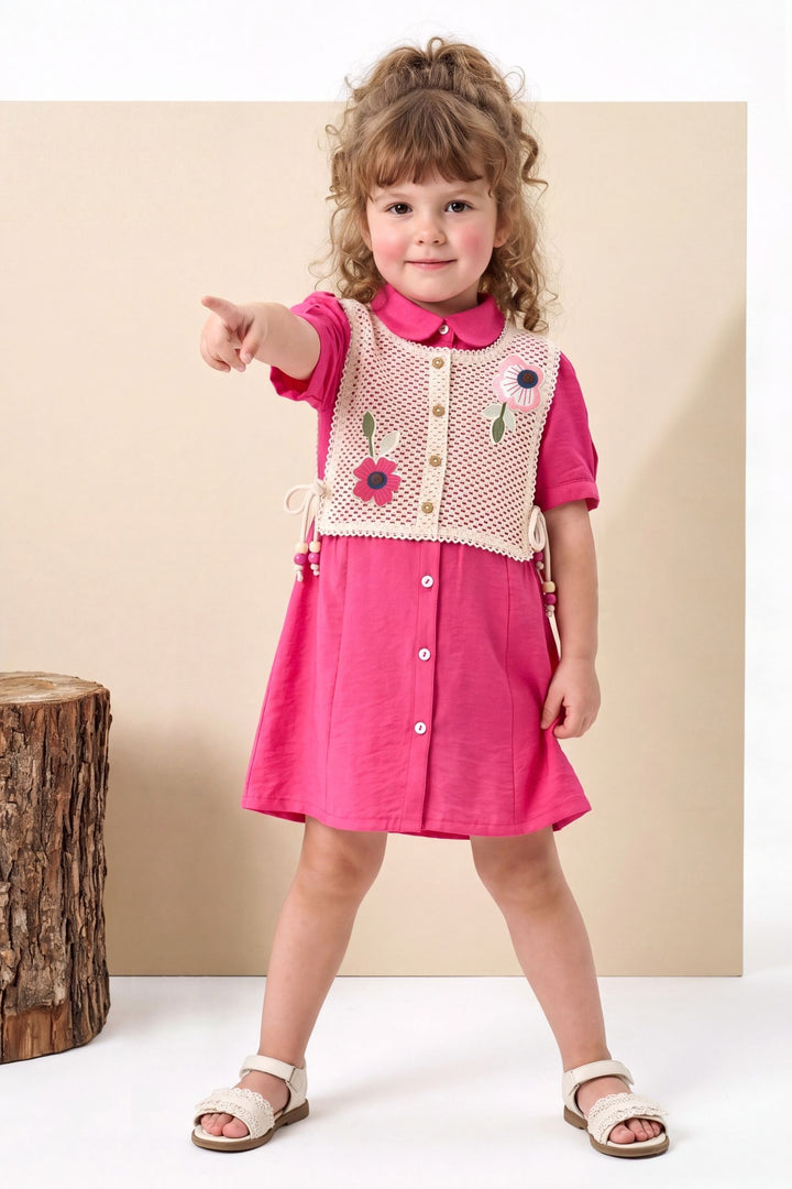 Pink with Cream Jacket Styled Short Frock for Girls