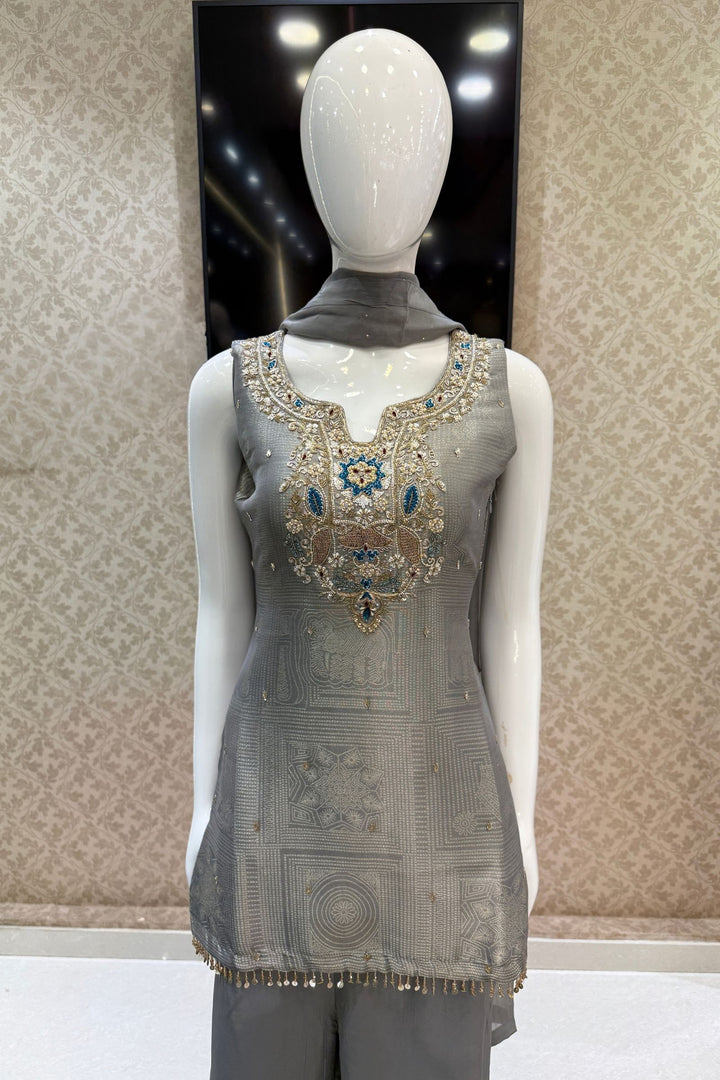 Grey Zardozi, Stone, Sequins, Beads and Thread work Palazzo Salwar Suit