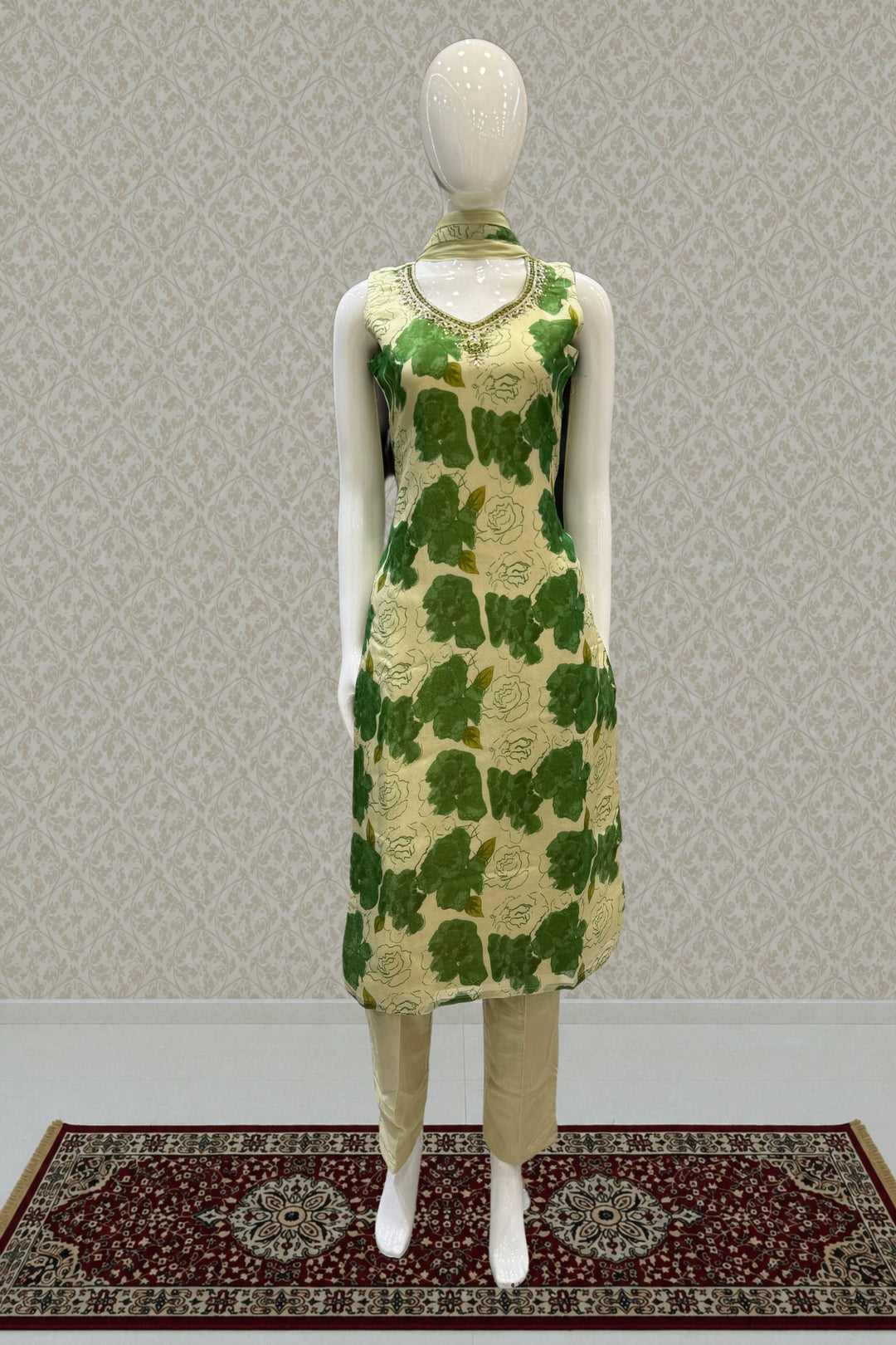 Beige with Green Floral Print with Zardozi and Mirror work Straight Cut Salwar Suit