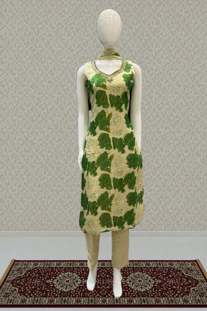 Beige with Green Floral Print with Zardozi and Mirror work Straight Cut Salwar Suit