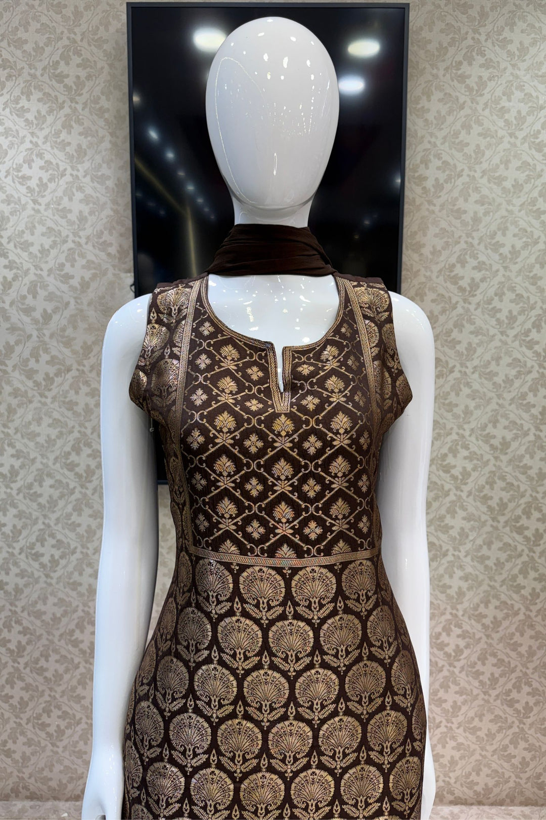 Brown Banaras work Straight Cut Salwar Suit
