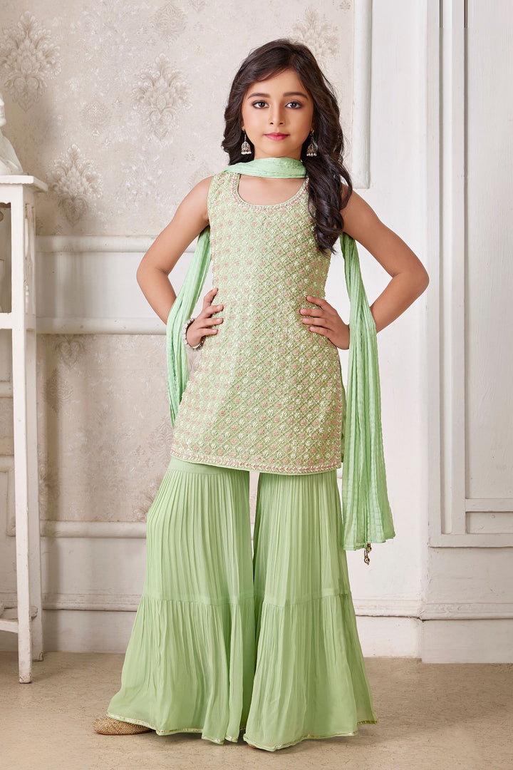 Green Beads, Sequins and Thread work Sharara Suit Set for Girls