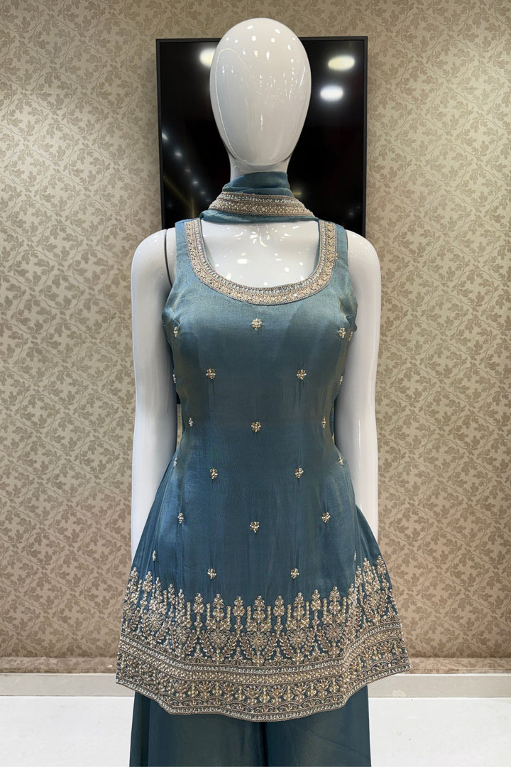 Sea Blue Beads, Zari and Sequins work Top with Flared Palazzo Set