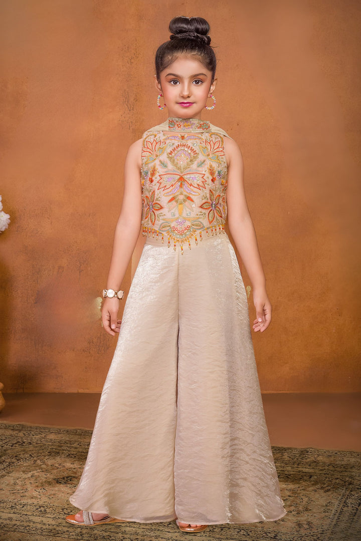 Beige Pearl, Sequins, Beads and Multicolor Embroidery work Palazzo Suit Set for Girls