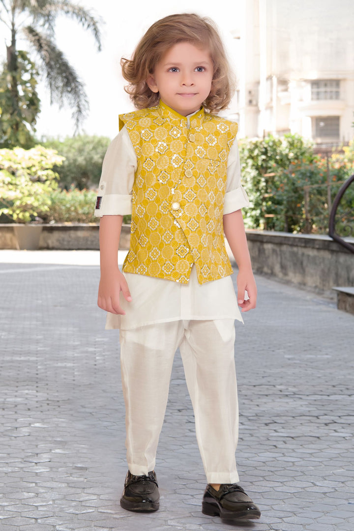 White with Yellow Thread and Sequins work Waist Coat Kurta Set for Boys