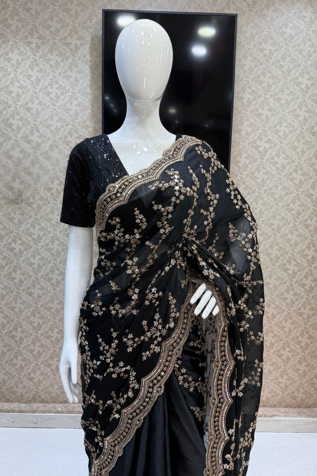 Black Beads, Zari and Sequins work Saree