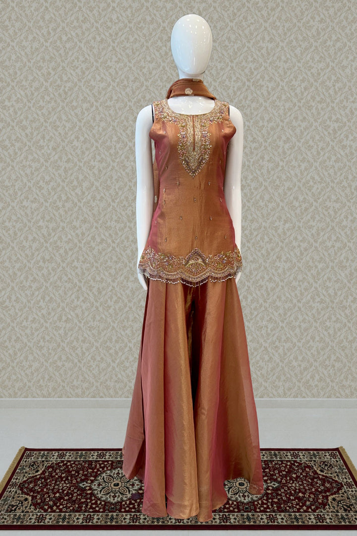 Orange Palazzo Salwar Suit with Zardozi, Mirror and Beads Detailing