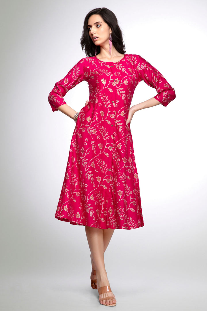 Rani Pink Digital Print Aline Cut Calf Length Kurti
