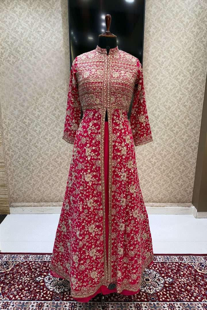 Rani Pink Embroidery and Sequins work Mastani Styled Long Top Lehenga