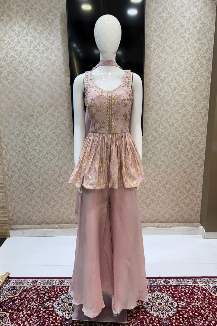 Baby Pink Banaras, Beads, Zardozi and Sequins work Peplum Top with Palazzo Suit Set