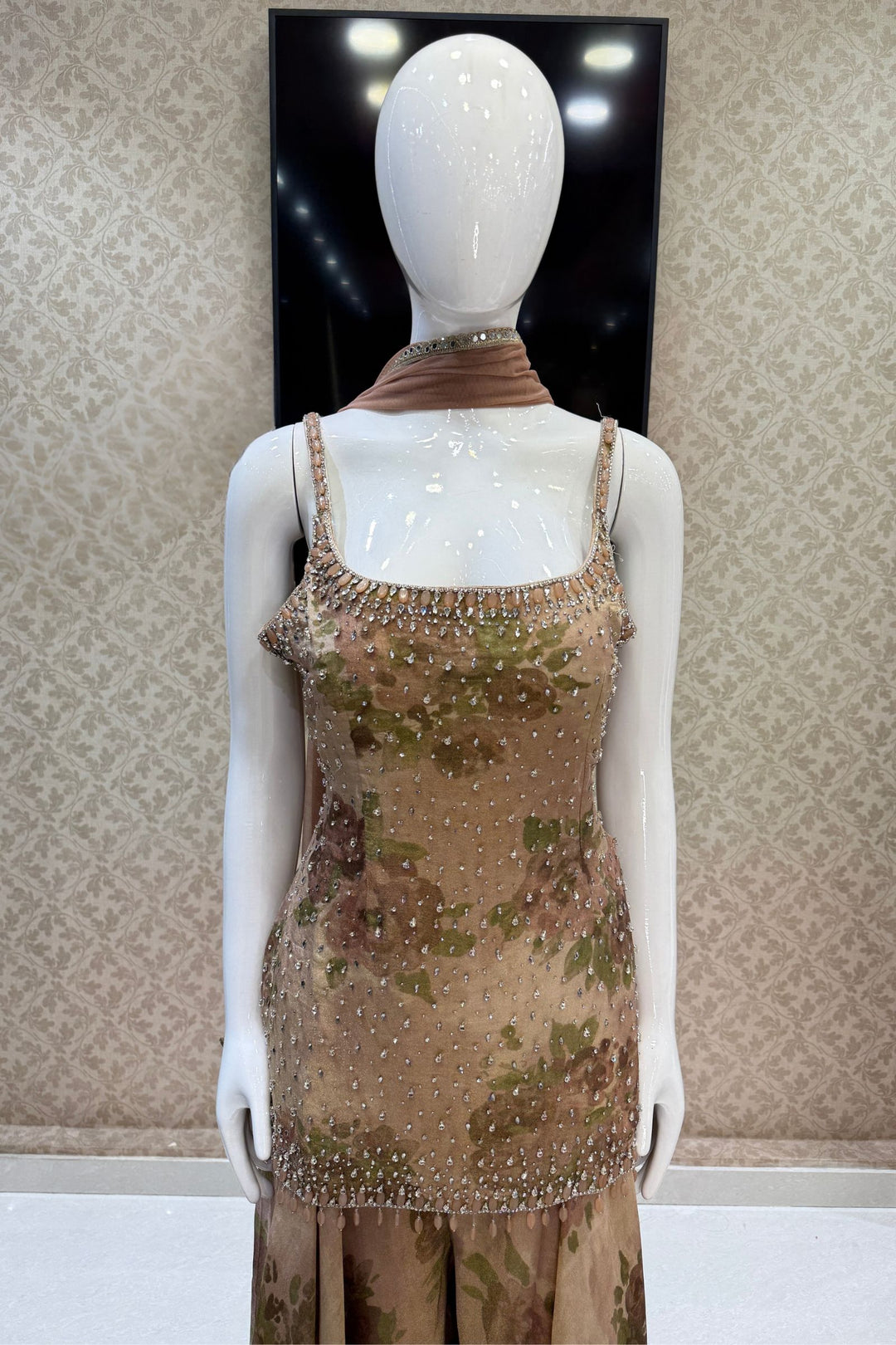 Light Brown Floral Print Top and Flared Palazzo Set with Kundan and Beads work