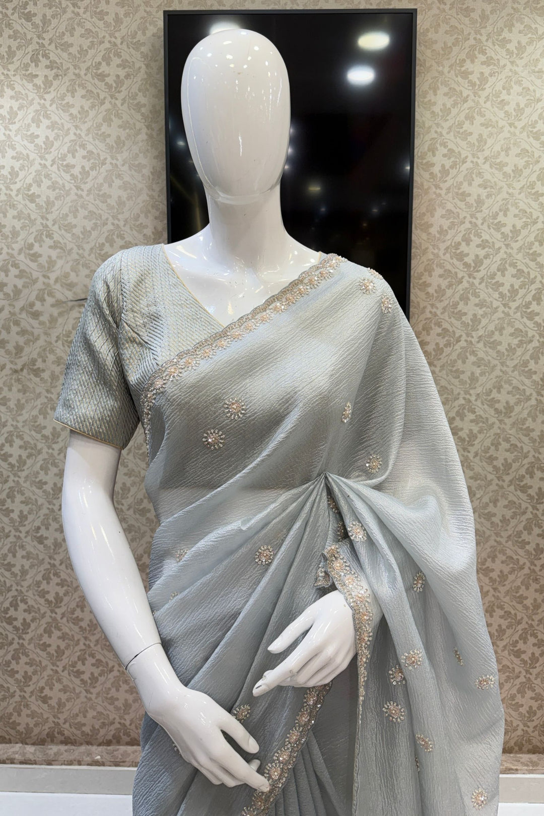 Light Grey Saree with Sequins, Pearl and Beads work